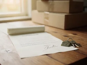 Ondertekende huuropzeggingsbrief op houten keukentafel met huissleutels ernaast, verhuisdozen op de achtergrond, warm natuurlijk licht.