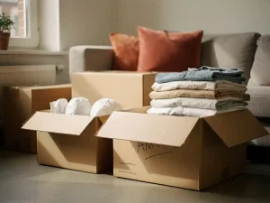 Nette woonkamer in Amsterdam met open verhuisdozen, gevouwen kleding en ingepakte breekbare spullen in warm natuurlijk licht.