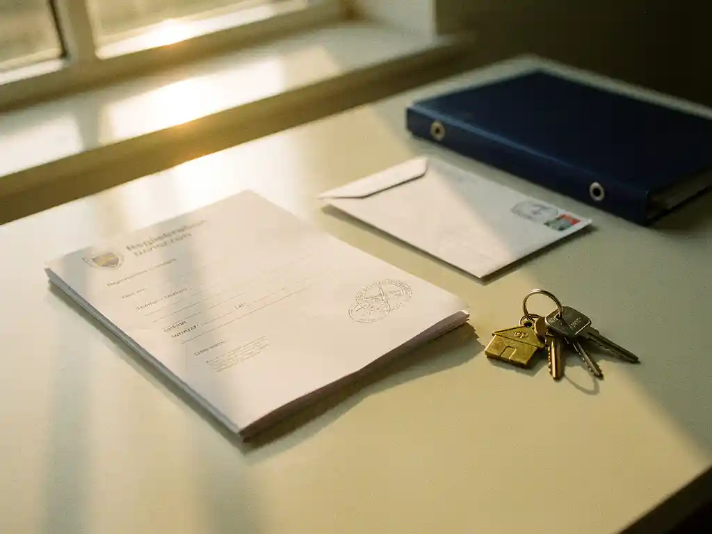 Officieel inschrijfformulier op gemeentelijk bureau naast huissleutels en gestempelde envelop, warm middaglicht.