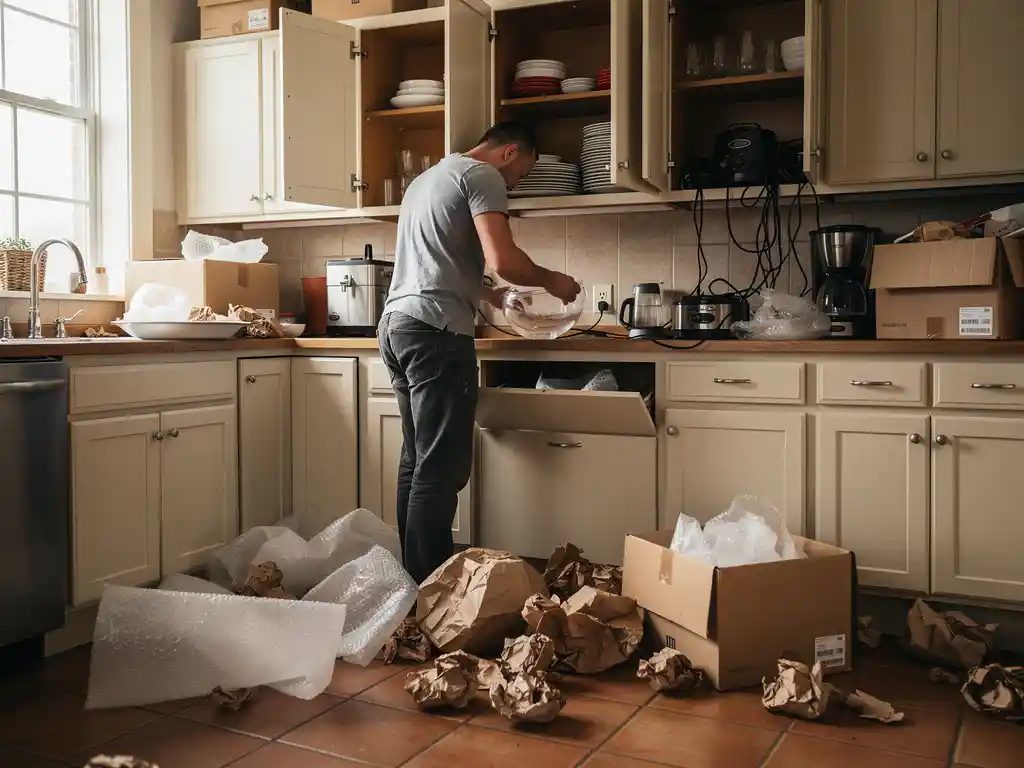 Professionele verhuizer wikkelt glazen schaal in bubbeltjesfolie, keuken vol open dozen en inpakpapier op terracotta tegels.