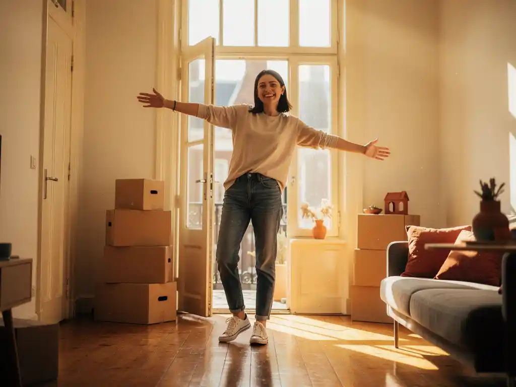 Jonge vrouw verwelkomt haar nieuwe lichte Amsterdam appartement met open armen, verhuisdozen op houten vloer op de achtergrond.