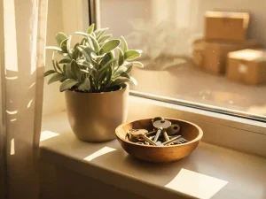 Ingepotte plant en houten schaaltje met sleutels op een pas geschilderde vensterbank, warm middaglicht door vitrage in een nieuwe woonkamer.
