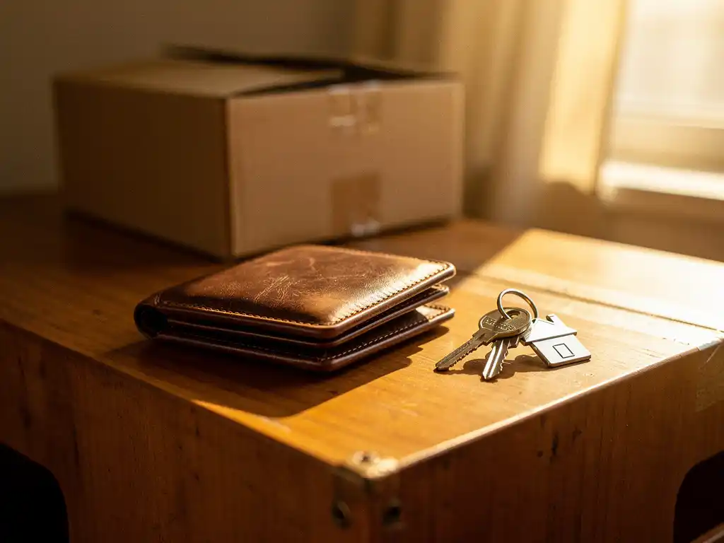 Versleten leren portemonnee en huissleutels op een houten verhuisdoos, met een half ingepakte kartonnen doos op de achtergrond in warm middaglicht.
