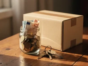 Glazen pot gevuld met euromunten en bankbiljetten naast een dichtgeplakte verhuisdoos en huissleutels op een houten tafel.