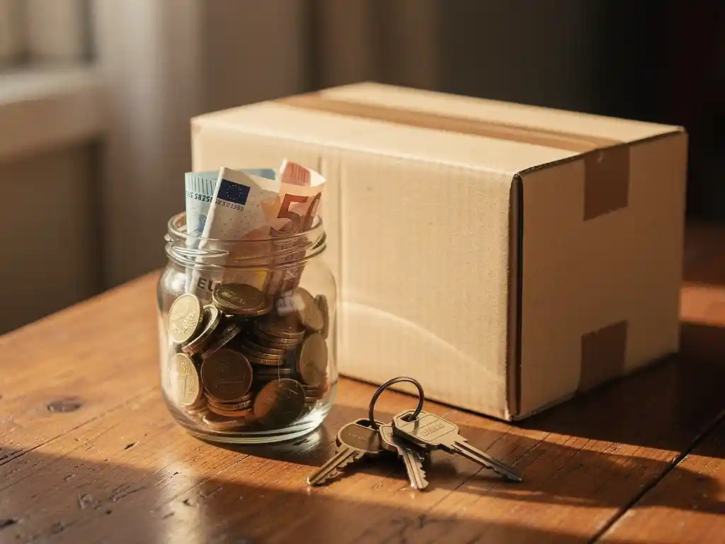 Glazen pot gevuld met euromunten en bankbiljetten naast een dichtgeplakte verhuisdoos en huissleutels op een houten tafel.