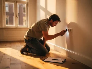 Persoon inspecteert stopcontact met zaklamp in leeg Nederlands appartement met houten vloer en Amsterdamse ramen.