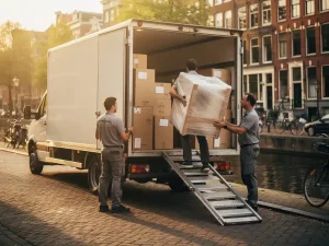 Verhuizers laden kartonnen dozen in een witte verhuiswagen op een Amsterdamse gracht, met kinderkopjes en smalle grachtenpanden op de achtergrond.