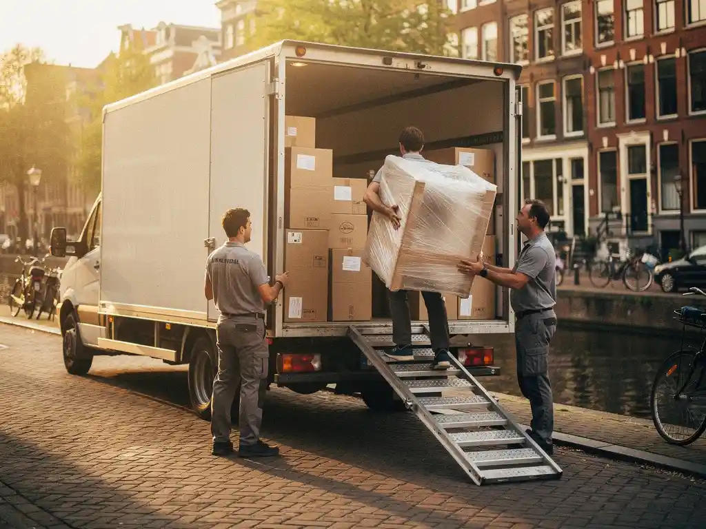 Verhuizers laden kartonnen dozen in een witte verhuiswagen op een Amsterdamse gracht, met kinderkopjes en smalle grachtenpanden op de achtergrond.