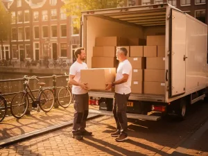 Verhuizers laden kartonnen dozen in witte vrachtwagen op Amsterdamse gracht, bakstenen grachtenpanden en fietsen op achtergrond.