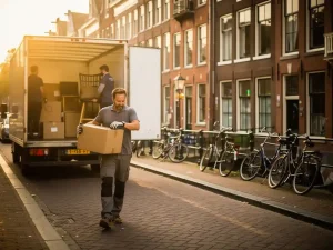 Verhuizers laden witte verhuiswagen op smalle Amsterdamse gracht, historische gevels en fietsen op achtergrond, gouden ochtendlicht.