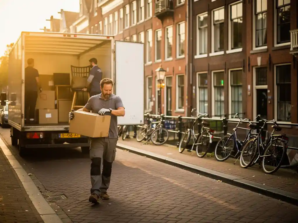 Verhuizers laden witte verhuiswagen op smalle Amsterdamse gracht, historische gevels en fietsen op achtergrond, gouden ochtendlicht.