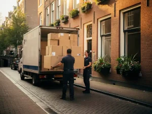 Verhuisbedrijf draagt gestapelde dozen door smalle Amsterdamse gracht in de Jordaan, met historische gevels en verhuiswagen op de klinkers.