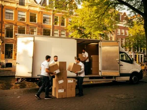Verhuizers laden kartonnen dozen in een witte verhuiswagen op een zonnige Amsterdamse grachtenstraat in de zomer.