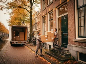 Verhuizers dragen gestapelde kartonnen dozen een grachtenpand in Amsterdam-Zuid binnen, witte verhuiswagen geparkeerd langs de gracht.