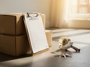 Verhuischecklist op klembord naast gestapelde kartonnen dozen, huissleutels en tape gun in een zonnig Amsterdams appartement.