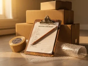 Versleten houten klembord met verhuischecklist en potlood, omringd door kartonnen dozen, verpakkingstape en noppenfolie in warm ochtendlicht.