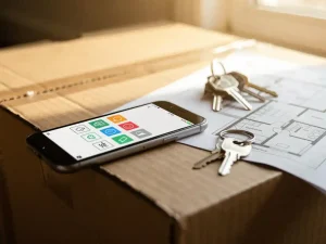 Smartphone met verhuischecklist-app op gestapelde kartonnen dozen, met huissleutels en plattegrond, warm natuurlijk licht.