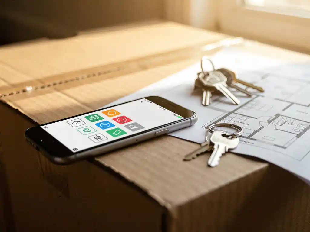 Smartphone met verhuischecklist-app op gestapelde kartonnen dozen, met huissleutels en plattegrond, warm natuurlijk licht.