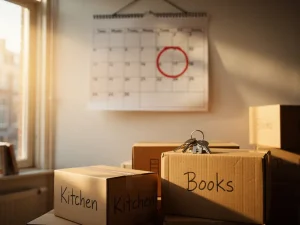 Grote wandkalender met rood omcirkelde weekdag boven verhuisdozen in Amsterdams appartement, sleutels op voorgrond, warm ochtendlicht.
