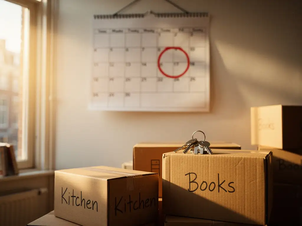 Grote wandkalender met rood omcirkelde weekdag boven verhuisdozen in Amsterdams appartement, sleutels op voorgrond, warm ochtendlicht.