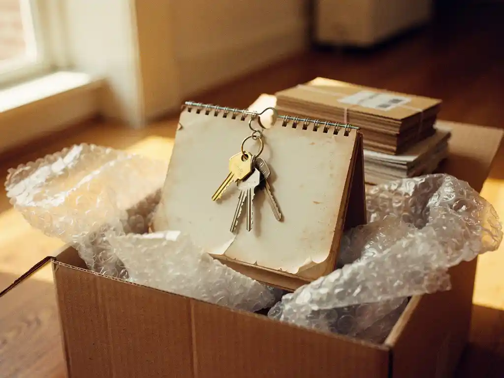 Verhuisdatum op een versleten bureaukalender met huissleutels, half ingepakte verhuisdoos en noppenfolie in warm Amsterdam appartement.
