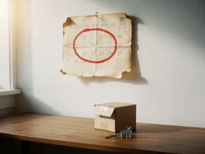 Versleten papieren kalender aan witte muur met rode cirkel op toekomstige datum, verhuisdoos en huissleutel op houten bureau.