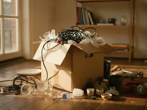Halfgevulde verhuisdoos met verwarde kabels en breekbare spullen op Amsterdamse appartementvloer, middagzon door hoge ramen.