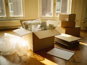 Open verhuisdoos op houten vloer van Amsterdams appartement, omringd door noppenfolie en kartonnen dozen in warm ochtendlicht.