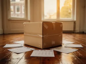 Dichtgeplakte verhuisdoos op houten vloer met kalender van vier weken, in een Amsterdams appartement met warm middaglicht.