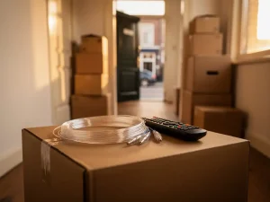 Glasvezelkabel en tv-afstandsbediening op verhuisdoos in Amsterdams appartement met gouden avondlicht.