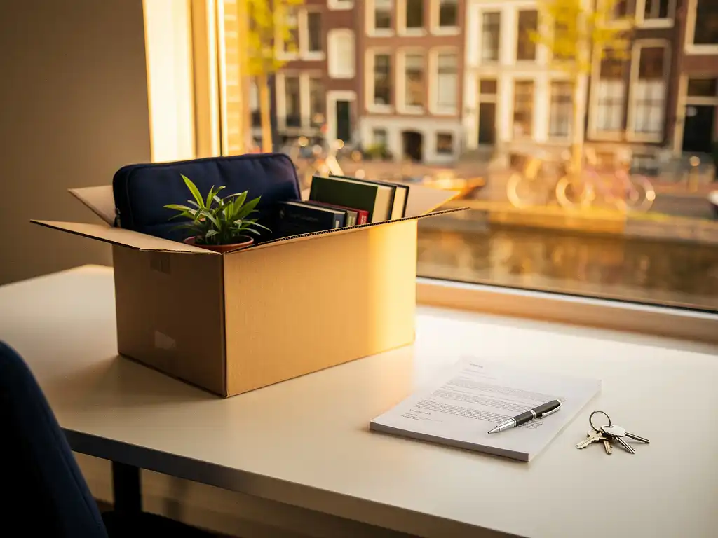 Open verhuisdoos op kantoorbureau naast getekend arbeidscontract en huissleutels, met Amsterdamse grachtenview door zonnig raam.