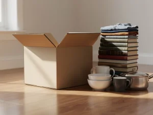 Open verhuisdoos op houten vloer, omringd door gestapelde boeken, gevouwen kleding en keukenspullen in warm natuurlijk licht.