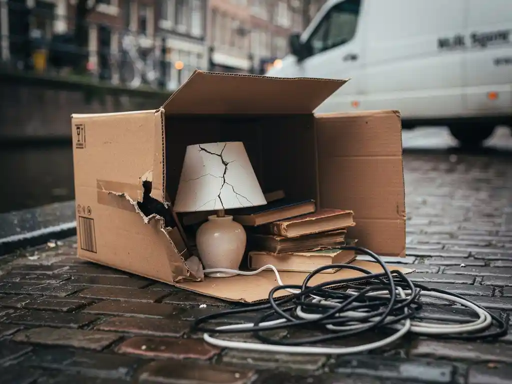 Opengebarsten verhuisdoos op Amsterdamse klinkers met gebarsten lamp, verspreide boeken en kabels, verhuiswagen op de achtergrond.