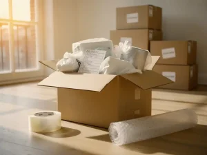Ingepakte verhuisdoos met huishoudelijke spullen, handgeschreven checklist en verpakkingsmateriaal in zonnig Amsterdams appartement.
