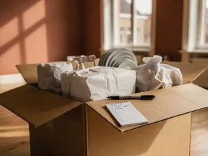 Open verhuisdoos met ingepakte spullen, checklist en marker, warm Amsterdams appartement op de achtergrond.