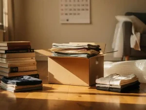 Halfgevulde verhuisdoos omringd door boeken, gevouwen kleding en noppenfolie op een eiken vloer in een Amsterdams appartement.
