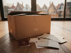 Open verhuisdoos op houten vloer met Nederlands paspoort, instapkaart en stadskaarten van Amsterdam, warm middaglicht.