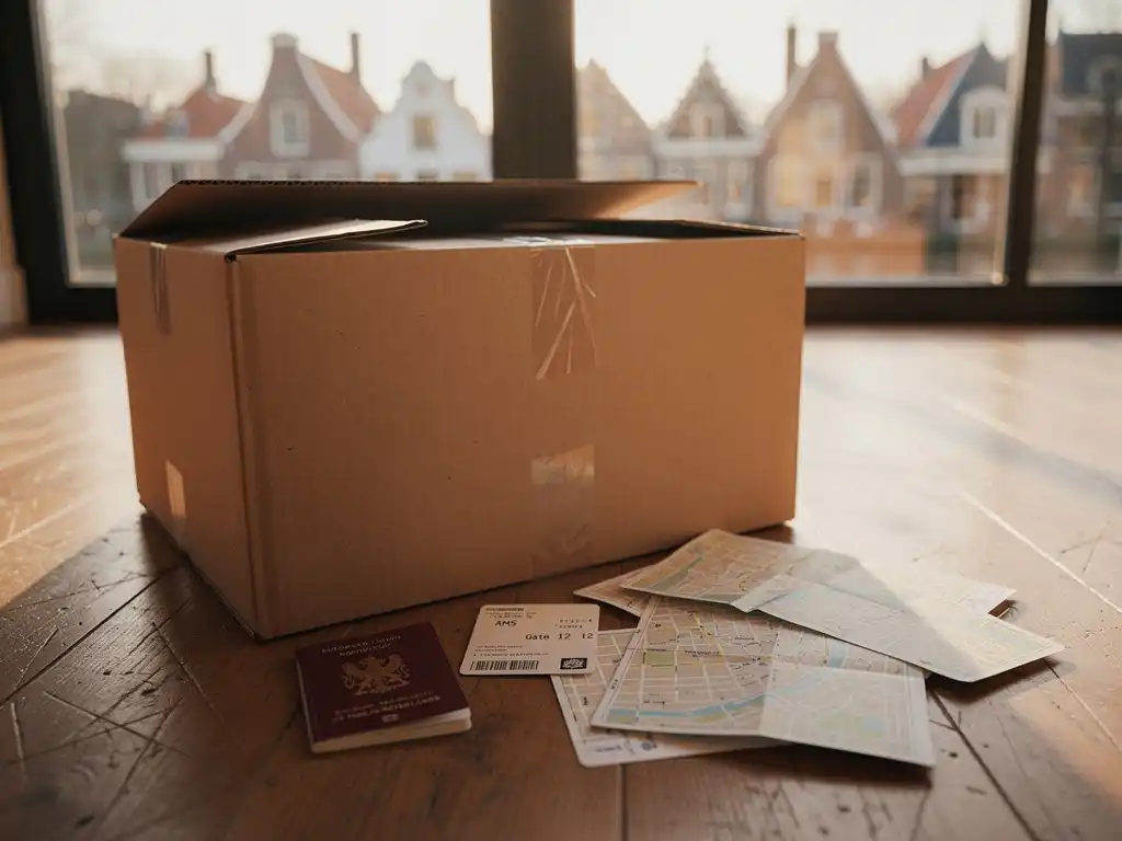 Open verhuisdoos op houten vloer met Nederlands paspoort, instapkaart en stadskaarten van Amsterdam, warm middaglicht.