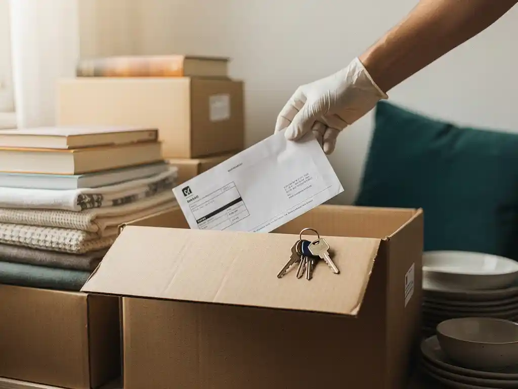 Gehandschoende hand die een rekening in een verhuisdoos legt met huissleutels bovenop, Amsterdams appartement op de achtergrond.
