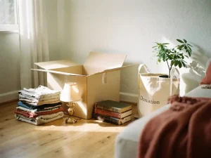 Open verhuisdoos naast gesorteerde spullen voor donatie: gevouwen kleding, vintage lamp en boeken in warme terracottakleuren.
