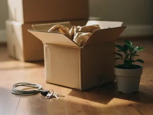Halfgevulde verhuisdoos op houten vloer met achtergelaten lader, huissleutels en kamerplantje in warm natuurlijk licht.