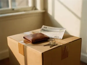 Versleten leren portemonnee, verzekeringsdocument en huissleutels op verhuisdoos, warm middaglicht vanuit half leeg appartement.