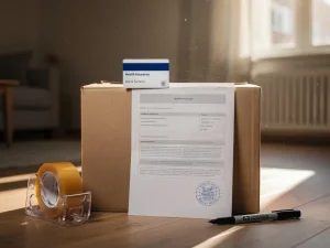 Zorgpas en gemeentelijke inschrijving op verhuisdoos met verpakkingstape en marker, warm middaglicht in leeg appartement.