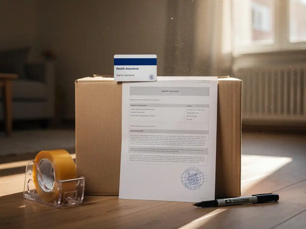 Zorgpas en gemeentelijke inschrijving op verhuisdoos met verpakkingstape en marker, warm middaglicht in leeg appartement.