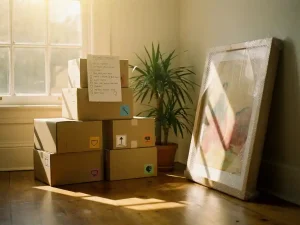 Nette stapel gelabelde verhuisdozen met checklist, ingepakt kunstwerk en plant in warme ochtendzon.