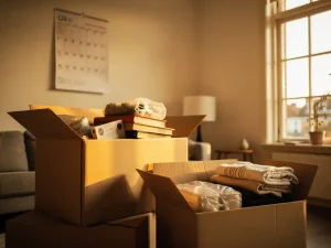 Ingepakte verhuisdozen met huishoudelijke spullen in een woonkamerhoek, wandkalender ernaast, middagzon door Nederlands raam.