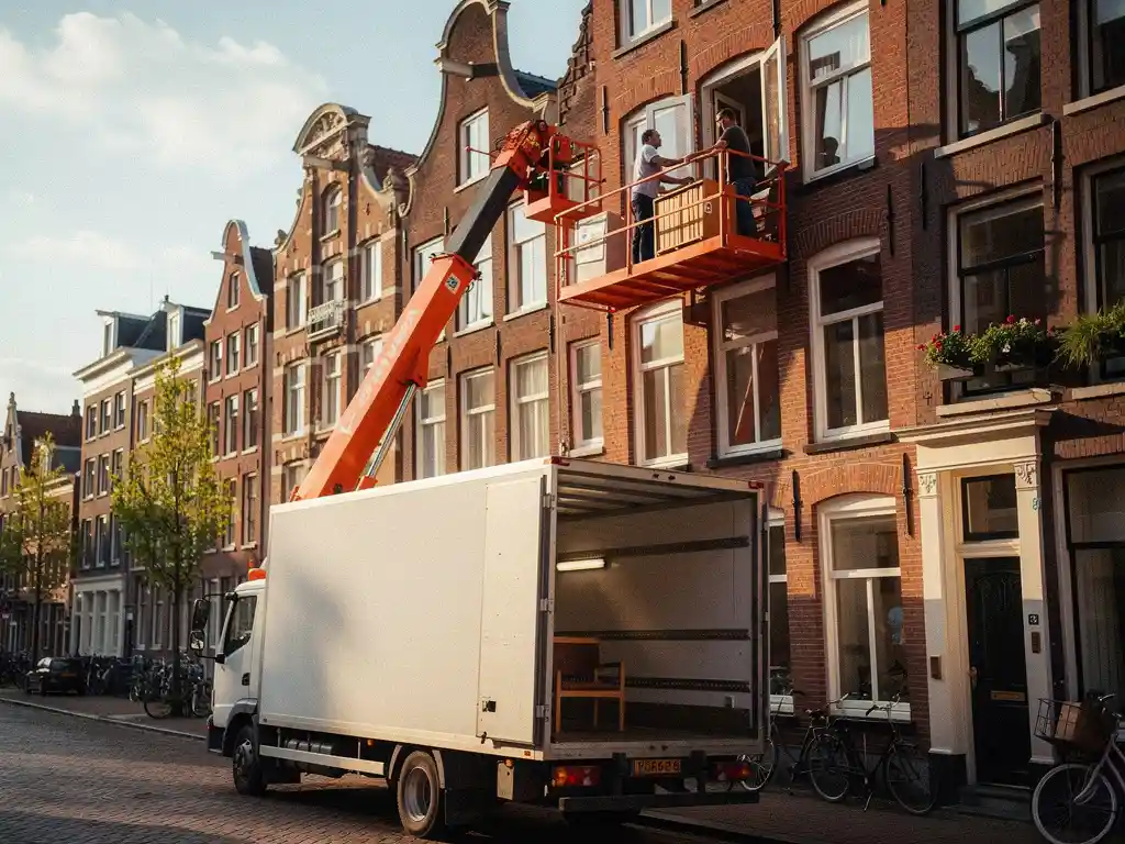 Oranje verhuislift tegen de gevel van een Amsterdams grachtenpand, verhuizers hijsen meubel door bovenraam, witte vrachtwagen op kinderkopjes.