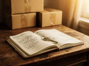 Houten bureau met open papieren planner vol handgeschreven verhuisdata, huissleutel erop, kartonnen dozen op de achtergrond in warm ochtendlicht.