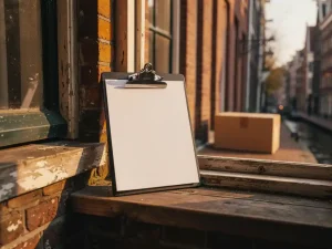 Verhuisvergunning op klembord op vensterbank van Amsterdams grachtenpand, met ingepakte verhuisdoos op de achtergrond.