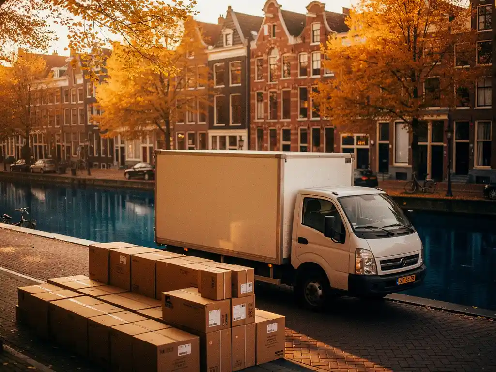 Verhuiswagen geparkeerd langs Amsterdams gracht in de herfst, met kartonnen dozen op de klinkerstraat en gouden bomenreflecties in het water.
